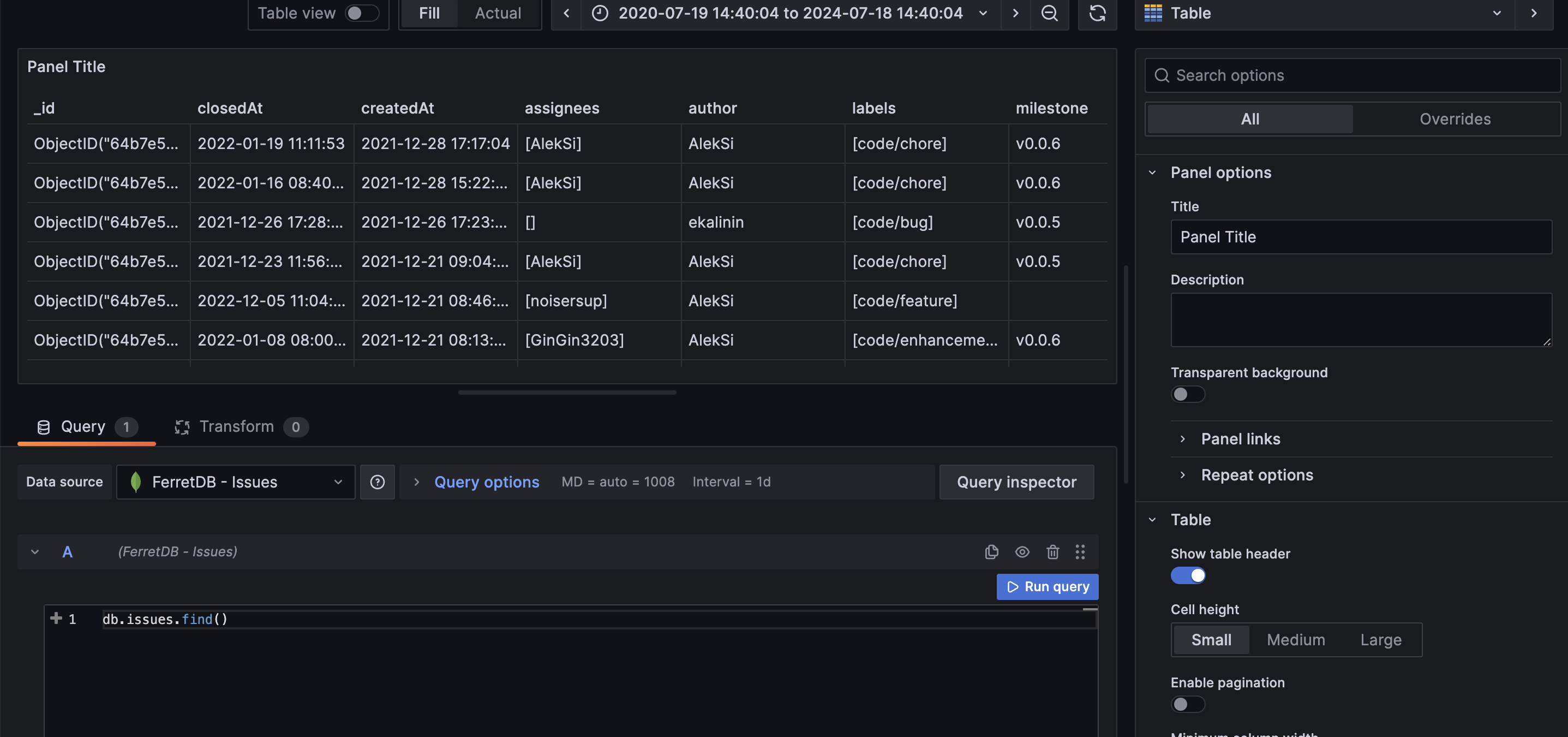 Grafana table view of database