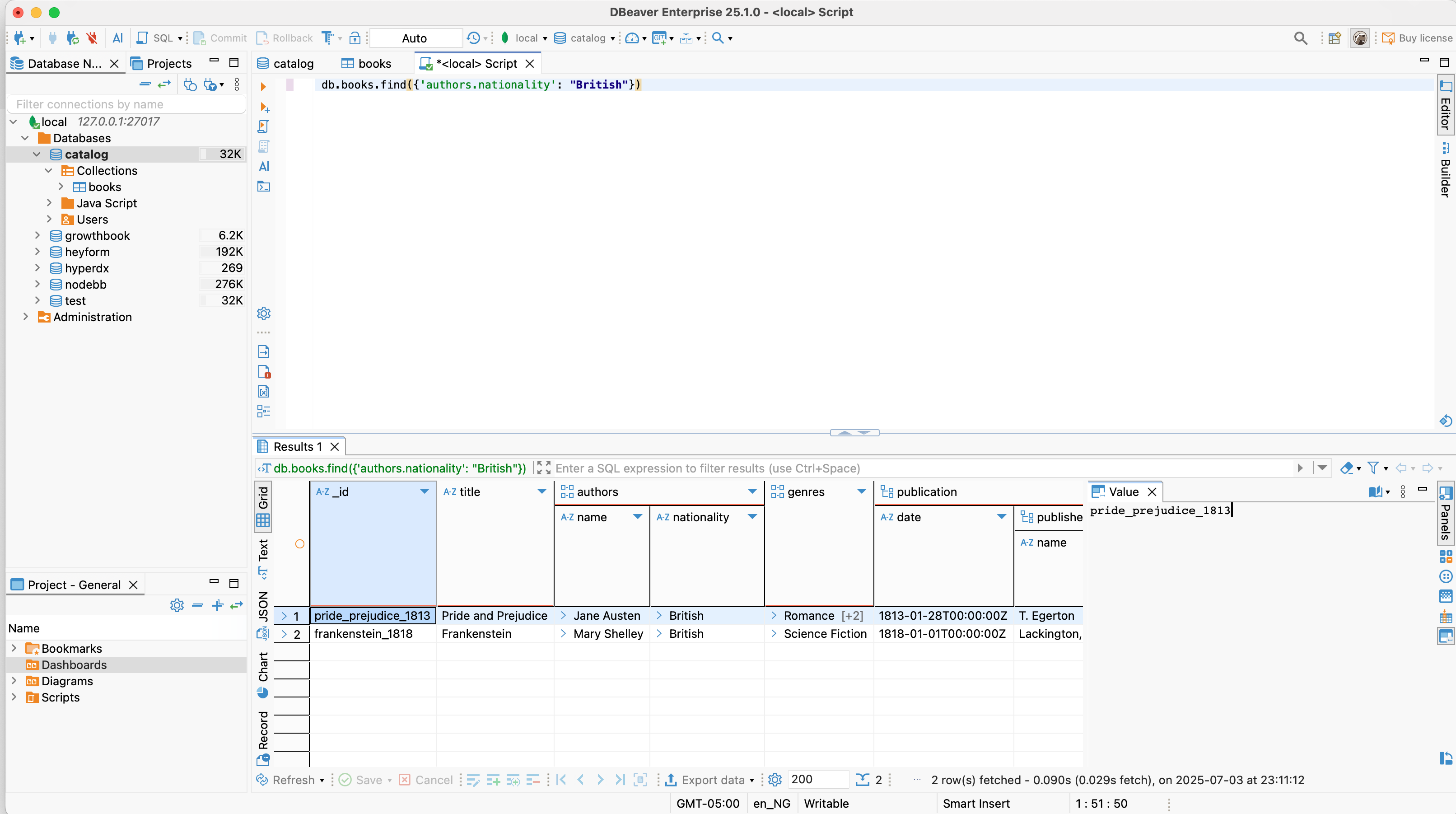 DBeaver&#39;s data editor showing the books collection