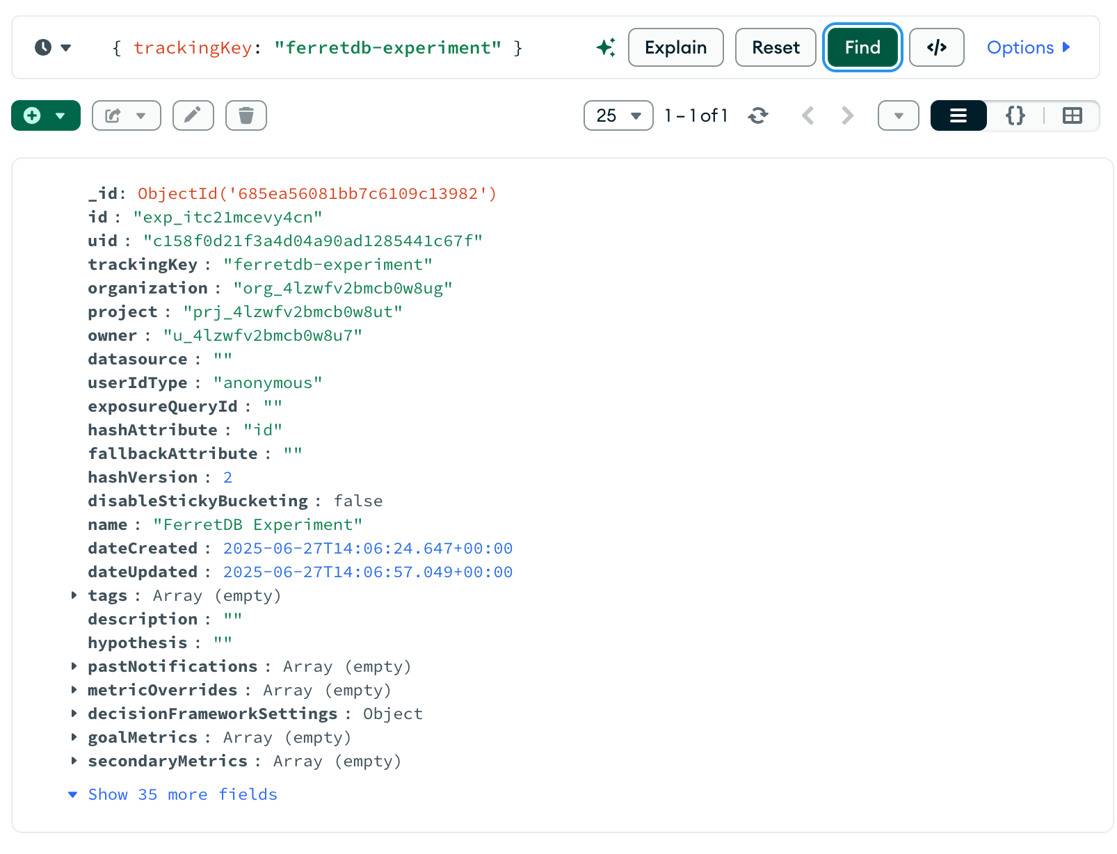 A screenshot of a MongoDB shell or GUI tool showing the results of a query on the experiments collection, displaying feature flags with their names, descriptions, and statuses.