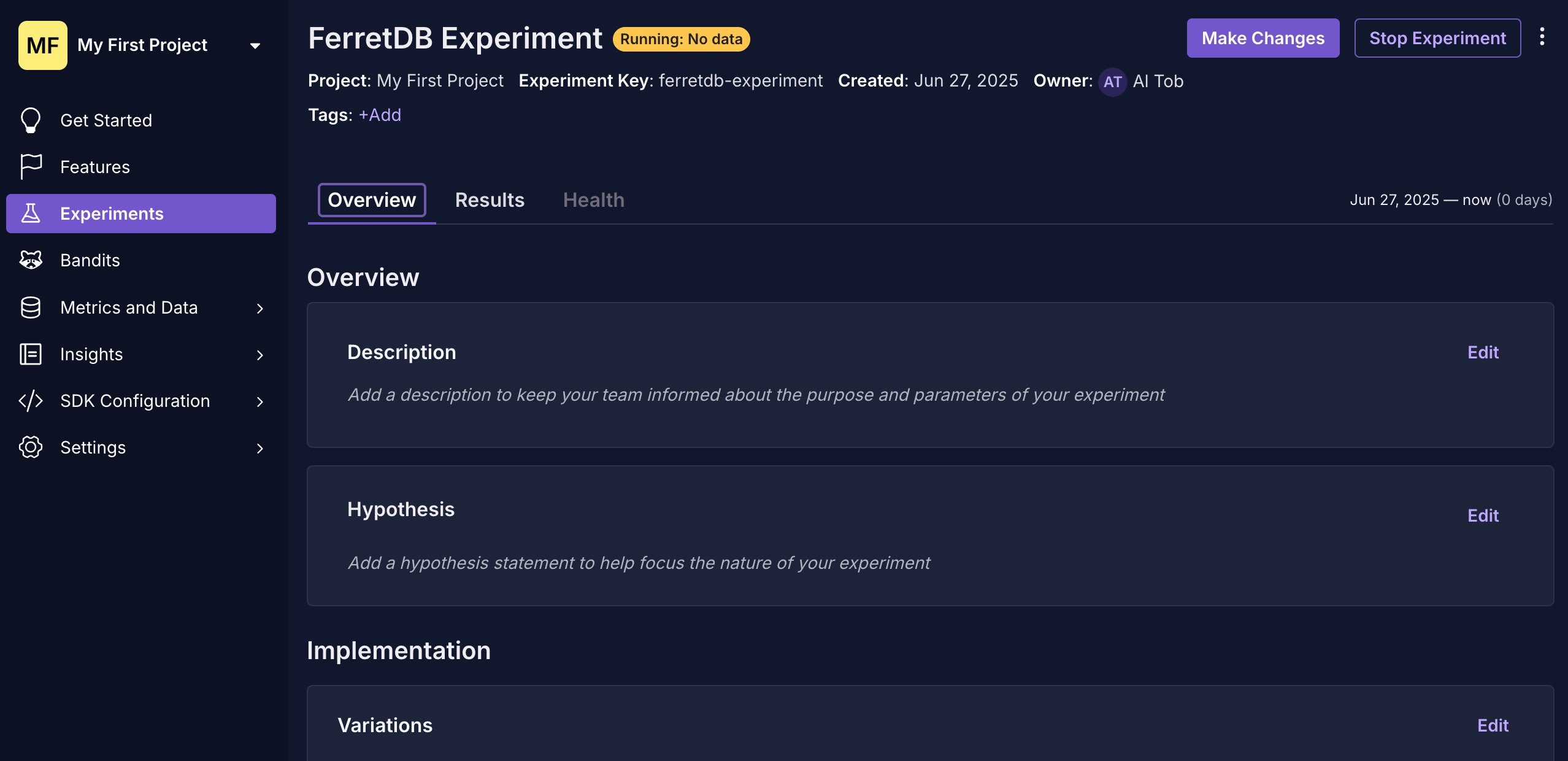 A screenshot of the GrowthBook dashboard showing an experiment named &quot;ferretdb-experiment&quot; with a description and status.