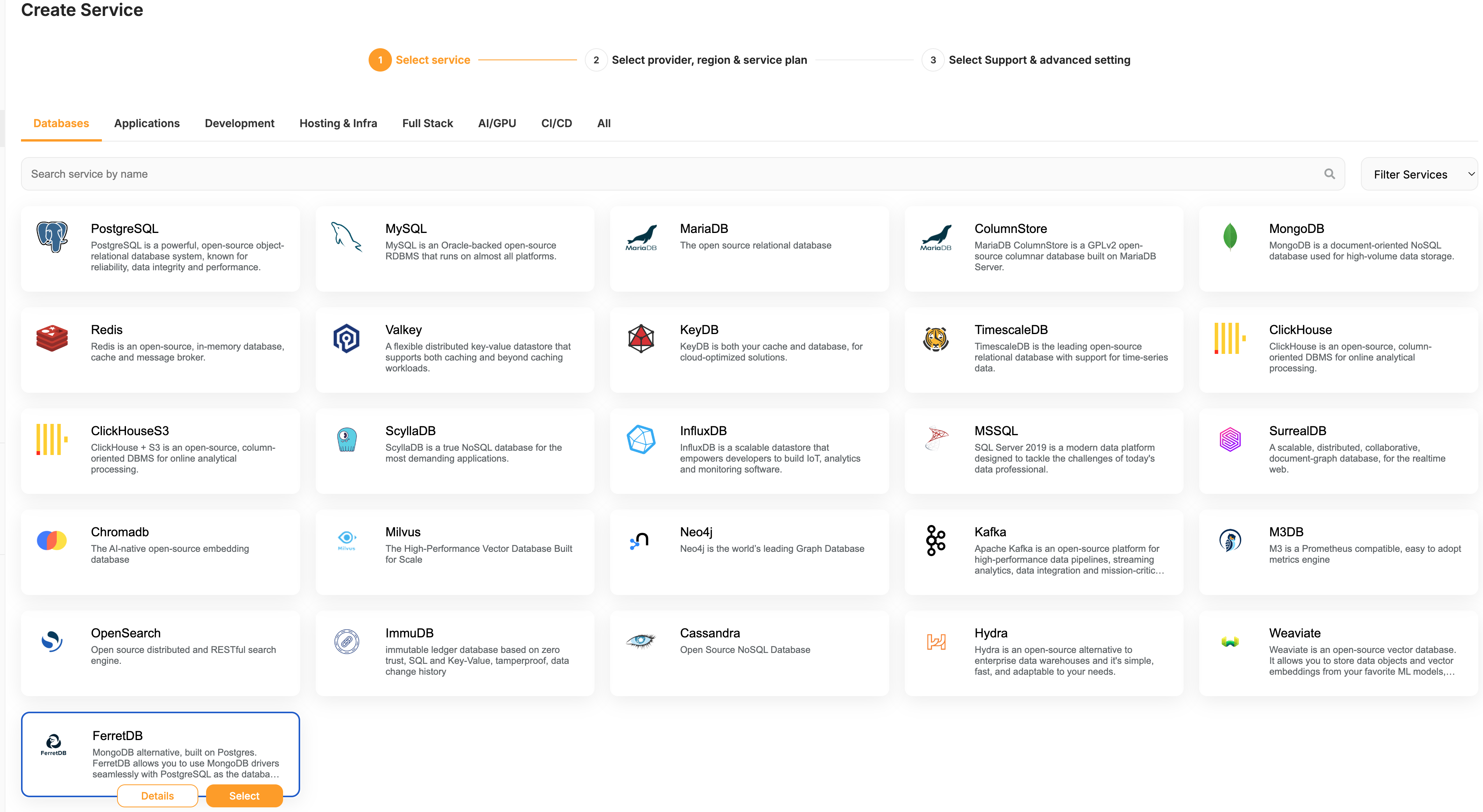 Select FerretDB service